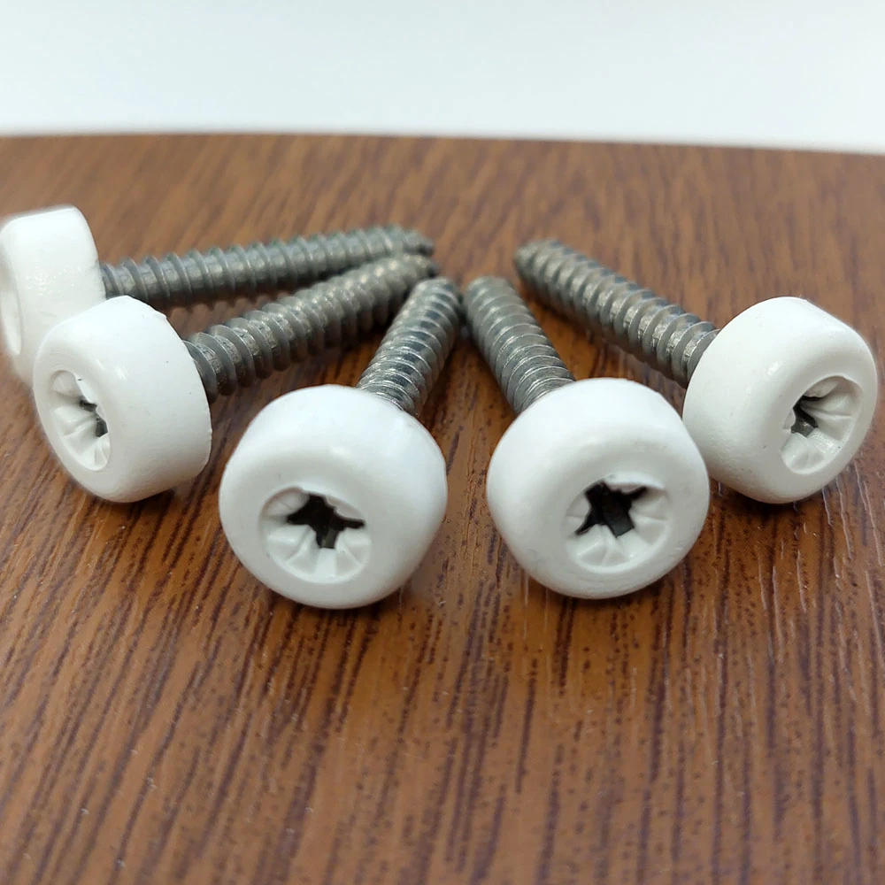 Five white polytop number plate screws.