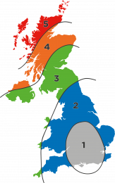 Map of the UK showing the wind pressure zones